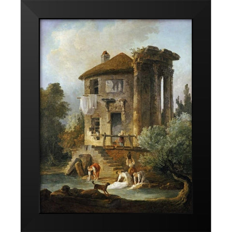Washerwomen Outside The Temple of The Sibyl, Tivoli Black Modern Wood Framed Art Print by Robert, Hubert