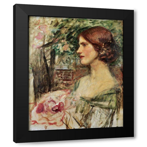 Portrait of a Lady In a Green Dress Black Modern Wood Framed Art Print by Waterhouse, John William