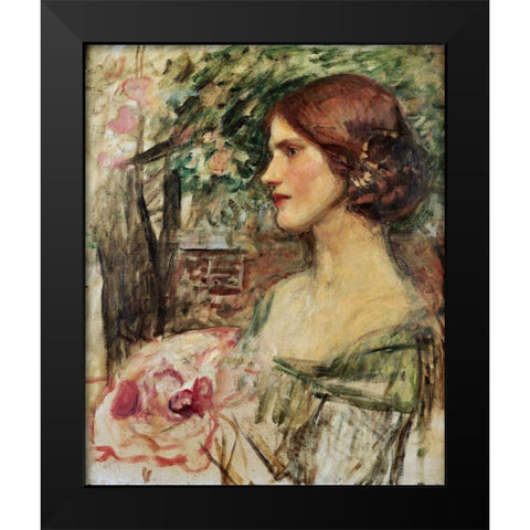 Portrait of a Lady In a Green Dress Black Modern Wood Framed Art Print by Waterhouse, John William
