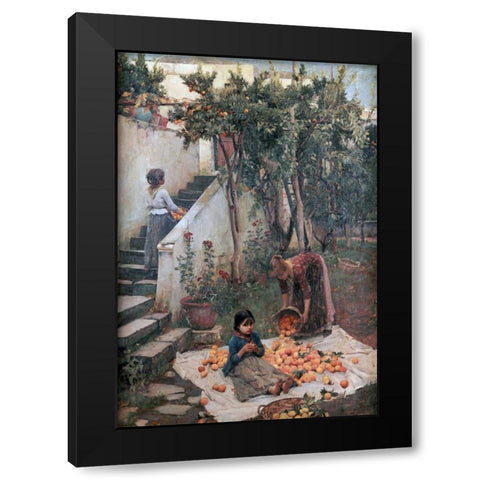 The Orange Gatherers Black Modern Wood Framed Art Print by Waterhouse, John William