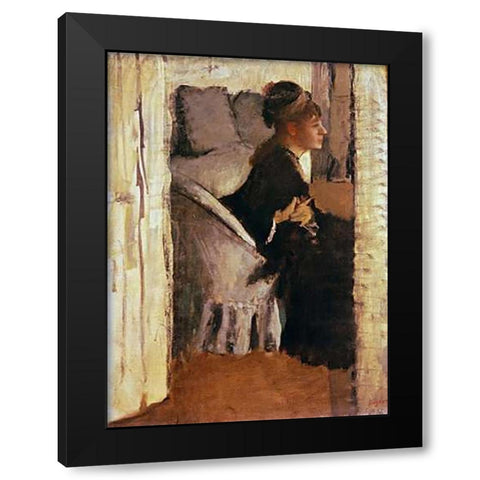 Woman Putting On Her Gloves Black Modern Wood Framed Art Print with Double Matting by Degas, Edgar