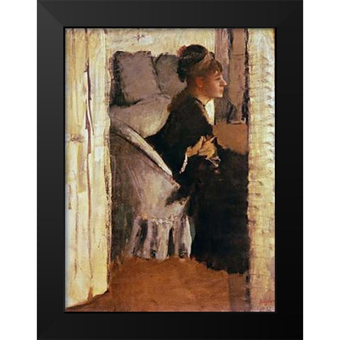 Woman Putting On Her Gloves Black Modern Wood Framed Art Print by Degas, Edgar