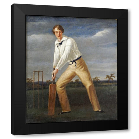 A Cricketer at The Crease Black Modern Wood Framed Art Print with Double Matting by English School