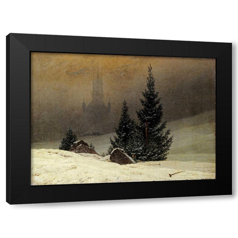 Winter Landscape With a Church Black Modern Wood Framed Art Print by Friedrich, Caspar David