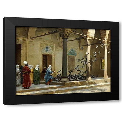 Harem Women Feeding Pigeons In a Courtyard Black Modern Wood Framed Art Print by Gerome, Jean Leon