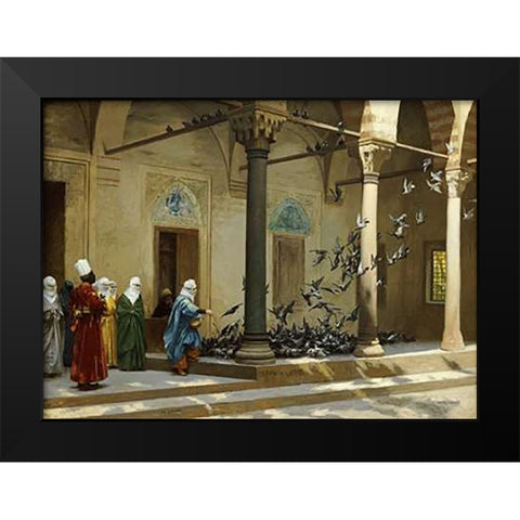 Harem Women Feeding Pigeons In a Courtyard Black Modern Wood Framed Art Print by Gerome, Jean Leon