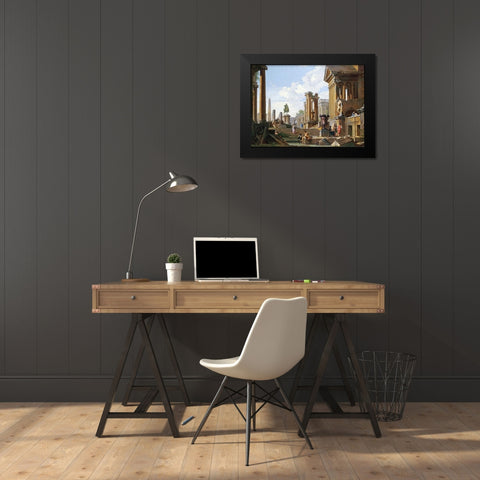 Capriccio of Classical Ruins Black Modern Wood Framed Art Print by Panini, Giovanni Paolo
