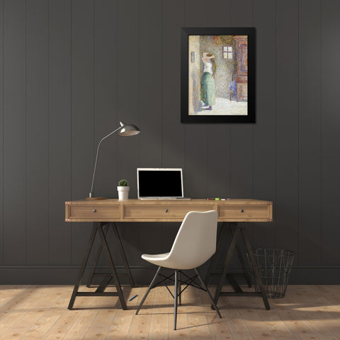 Country Girl at Her Toilet Black Modern Wood Framed Art Print by Pissarro, Camille