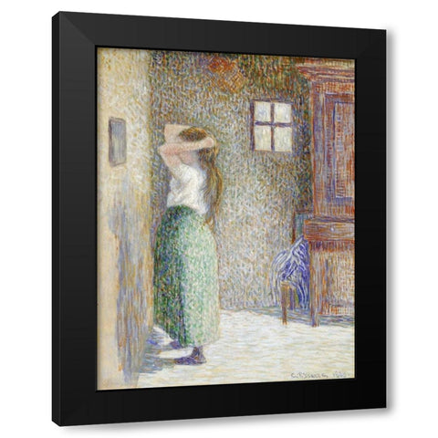 Country Girl at Her Toilet Black Modern Wood Framed Art Print by Pissarro, Camille