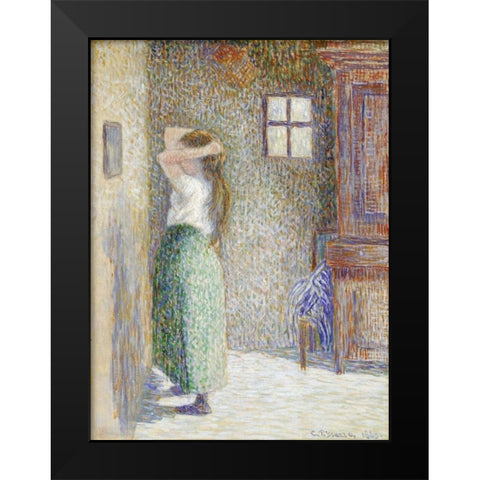 Country Girl at Her Toilet Black Modern Wood Framed Art Print by Pissarro, Camille