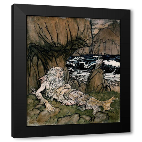 A Crowned Merman a Sea God Sleeping On a Rocky Shore Black Modern Wood Framed Art Print by Rackham, Arthur