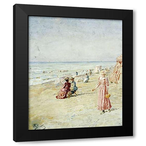 La Plage, Ostende Black Modern Wood Framed Art Print with Double Matting by Stevens, Alfred