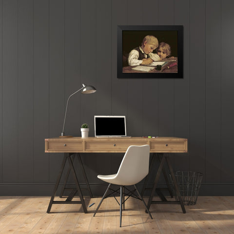 A Boy Writing Black Modern Wood Framed Art Print by Anker, Albert