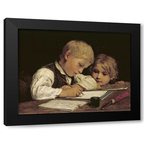 A Boy Writing Black Modern Wood Framed Art Print with Double Matting by Anker, Albert