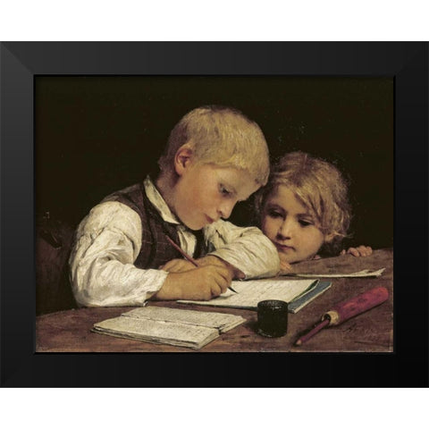 A Boy Writing Black Modern Wood Framed Art Print by Anker, Albert