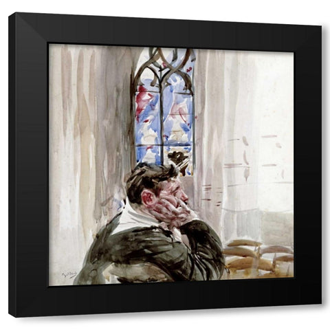 Portrait of a Man In Church Black Modern Wood Framed Art Print with Double Matting by Boldini, Giovanni