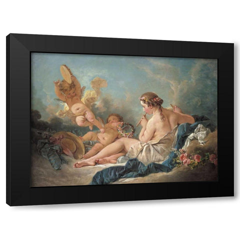 Nymph Playing The Flute With Putti Black Modern Wood Framed Art Print with Double Matting by Boucher, Francois