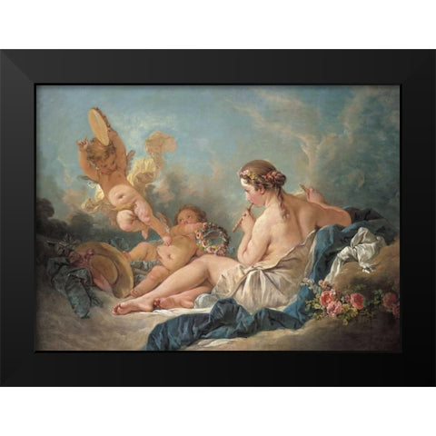 Nymph Playing The Flute With Putti Black Modern Wood Framed Art Print by Boucher, Francois