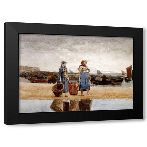 Two Girls on The Beach, Tynemouth Black Modern Wood Framed Art Print by Homer, Winslow
