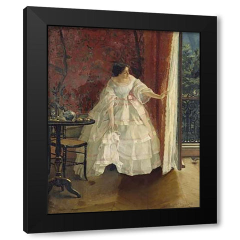 Lady at a Window Feeding Birds Black Modern Wood Framed Art Print with Double Matting by Stevens, Alfred