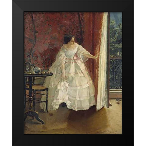 Lady at a Window Feeding Birds Black Modern Wood Framed Art Print by Stevens, Alfred