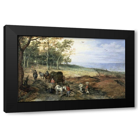 A Wooded Landscape with Travelers Black Modern Wood Framed Art Print with Double Matting by Jan Brueghel the Elder