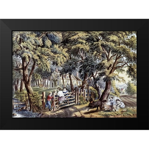 Old Farm Gate Black Modern Wood Framed Art Print by Currier and Ives