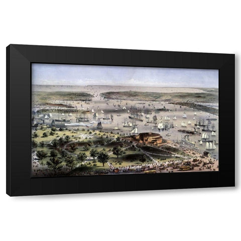 Port of New York Birds Eye View From The Battery, Looking South Black Modern Wood Framed Art Print with Double Matting by Currier and Ives