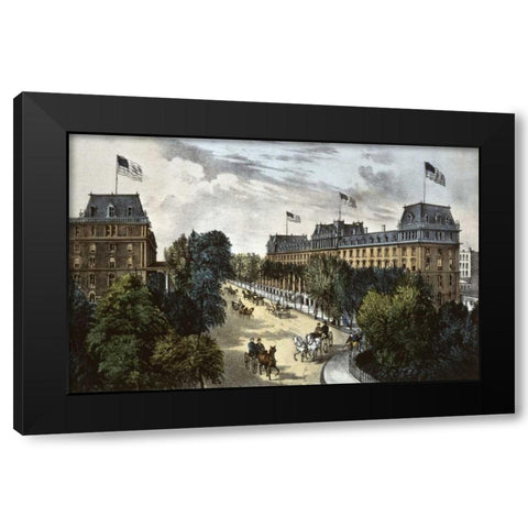 Saratoga Springs Black Modern Wood Framed Art Print with Double Matting by Currier and Ives
