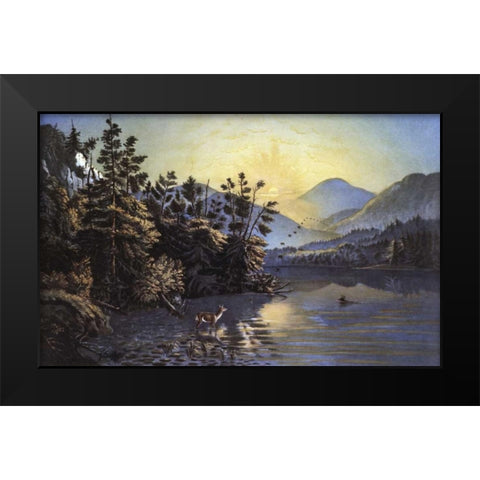 Sunrise On Lake Saranac Black Modern Wood Framed Art Print by Currier and Ives