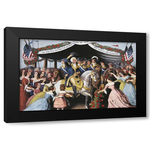 Washingtons Reception, On The Bridge Trenton Black Modern Wood Framed Art Print with Double Matting by Currier and Ives