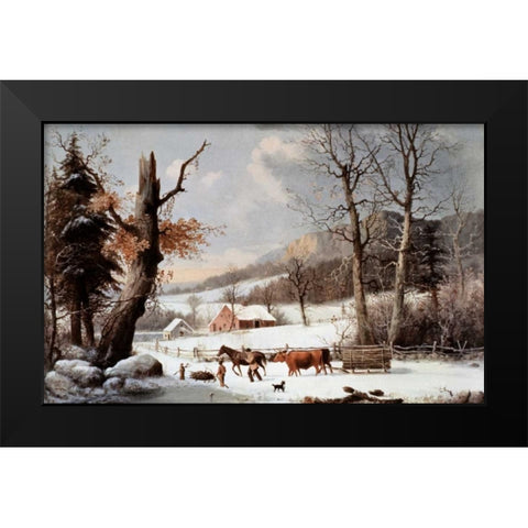 Winter In The Country - Homeward From The Wood-Lot Black Modern Wood Framed Art Print by Currier and Ives