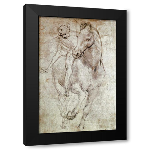 Horse and Rider Black Modern Wood Framed Art Print with Double Matting by Da Vinci, Leonardo