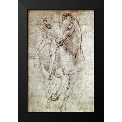 Horse and Rider Black Modern Wood Framed Art Print by Da Vinci, Leonardo