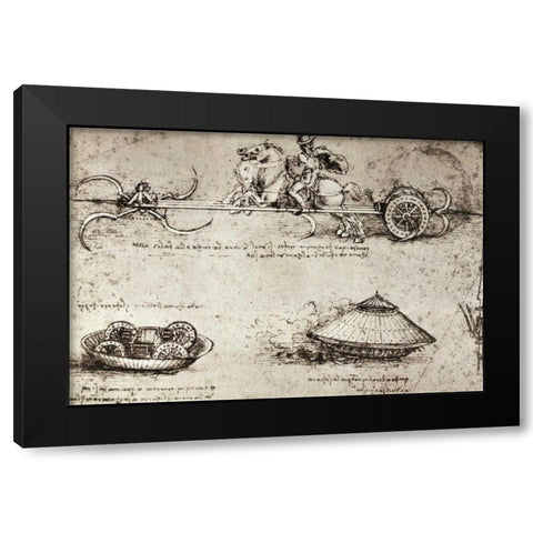 Military Inventions Sketches Black Modern Wood Framed Art Print by Da Vinci, Leonardo