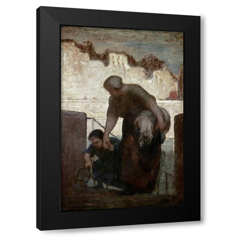 Laundress Black Modern Wood Framed Art Print with Double Matting by Daumier, Honore