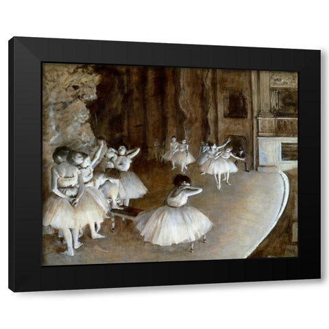 Ballet Rehearsal on the Set, 1874 Black Modern Wood Framed Art Print by Degas, Edgar