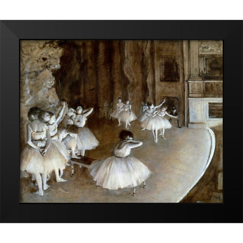 Ballet Rehearsal on the Set, 1874 Black Modern Wood Framed Art Print by Degas, Edgar