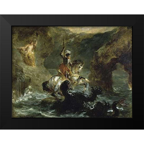 St. George Fighting the Dragon Black Modern Wood Framed Art Print by Delacroix, Eugene