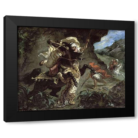 Tiger Hunt Black Modern Wood Framed Art Print by Delacroix, Eugene