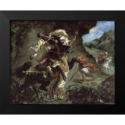 Tiger Hunt Black Modern Wood Framed Art Print by Delacroix, Eugene