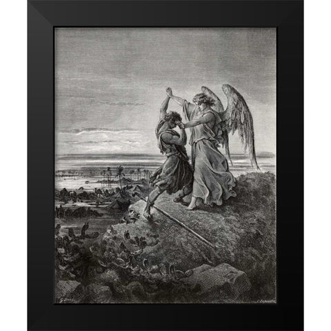 Jacob Wrestling With The Angel Black Modern Wood Framed Art Print by Dore, Gustave
