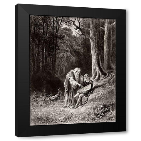 Merlin Paints The Young Knights Shield Black Modern Wood Framed Art Print with Double Matting by Dore, Gustave