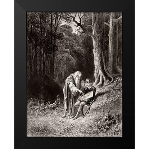 Merlin Paints The Young Knights Shield Black Modern Wood Framed Art Print by Dore, Gustave