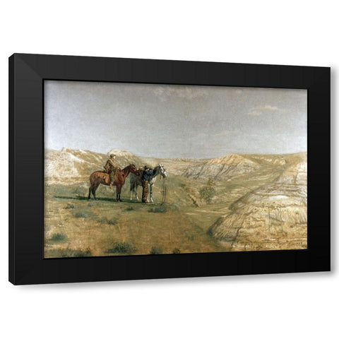 Cowboys In The Badlands Black Modern Wood Framed Art Print by Eakins, Thomas