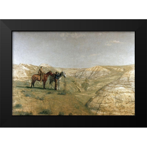 Cowboys In The Badlands Black Modern Wood Framed Art Print by Eakins, Thomas