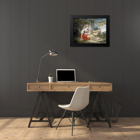 Shepherdess Seated with Sheep and a Basket of Flowers Near a Ruin in a Wooded Landscape Black Modern Wood Framed Art Print by Fragonard, Jean Honore