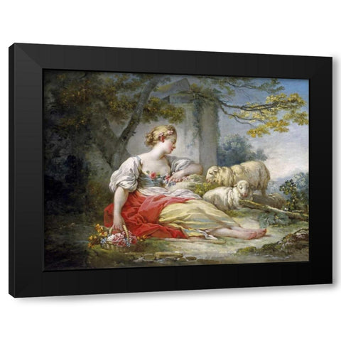 Shepherdess Seated with Sheep and a Basket of Flowers Near a Ruin in a Wooded Landscape Black Modern Wood Framed Art Print by Fragonard, Jean Honore