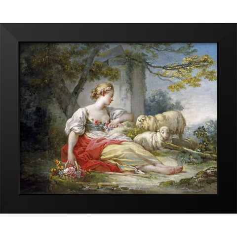 Shepherdess Seated with Sheep and a Basket of Flowers Near a Ruin in a Wooded Landscape Black Modern Wood Framed Art Print by Fragonard, Jean Honore