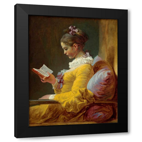 Young Girl Reading Black Modern Wood Framed Art Print with Double Matting by Fragonard, Jean Honore